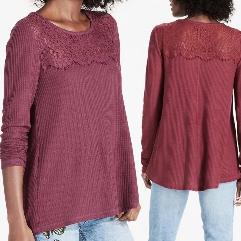 Lucky Brand Port Royale Wine Lace Mixed Thermal Long Sleeve Top Boatneck Hi-Low